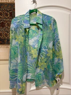 Draper’s & Damon’s Tropical Leaf & Floral Sheer Blouse in Green, Blue & Yellow M